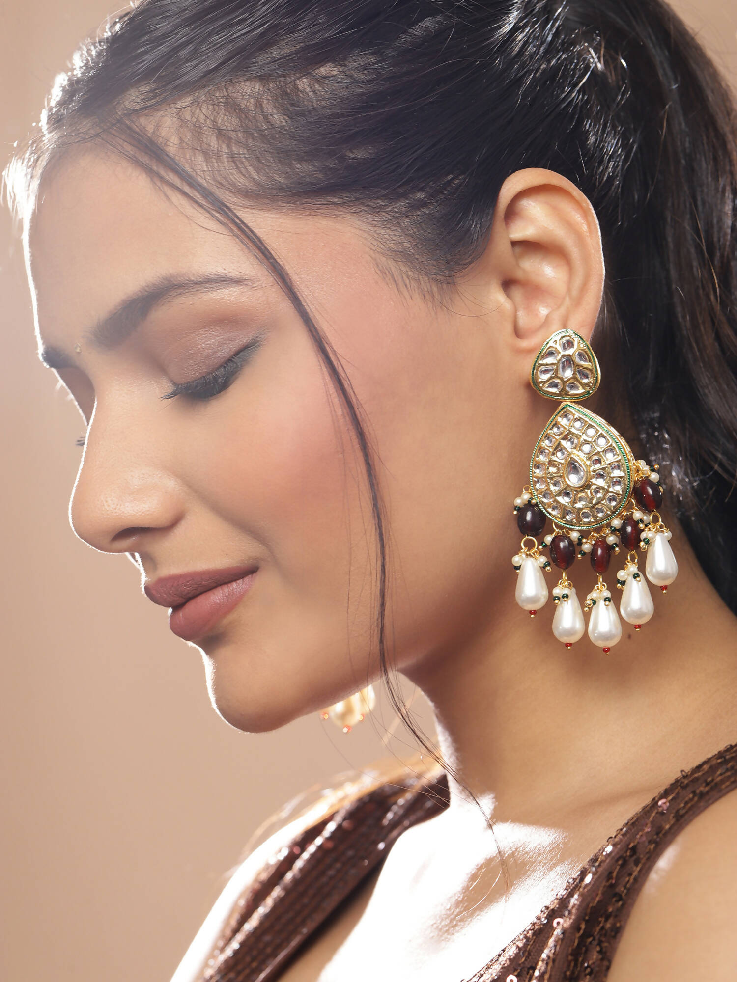 Gold-Toned White Kundan Contemporary Gold-Polished Jhumkas Earrings - Ruby Raang