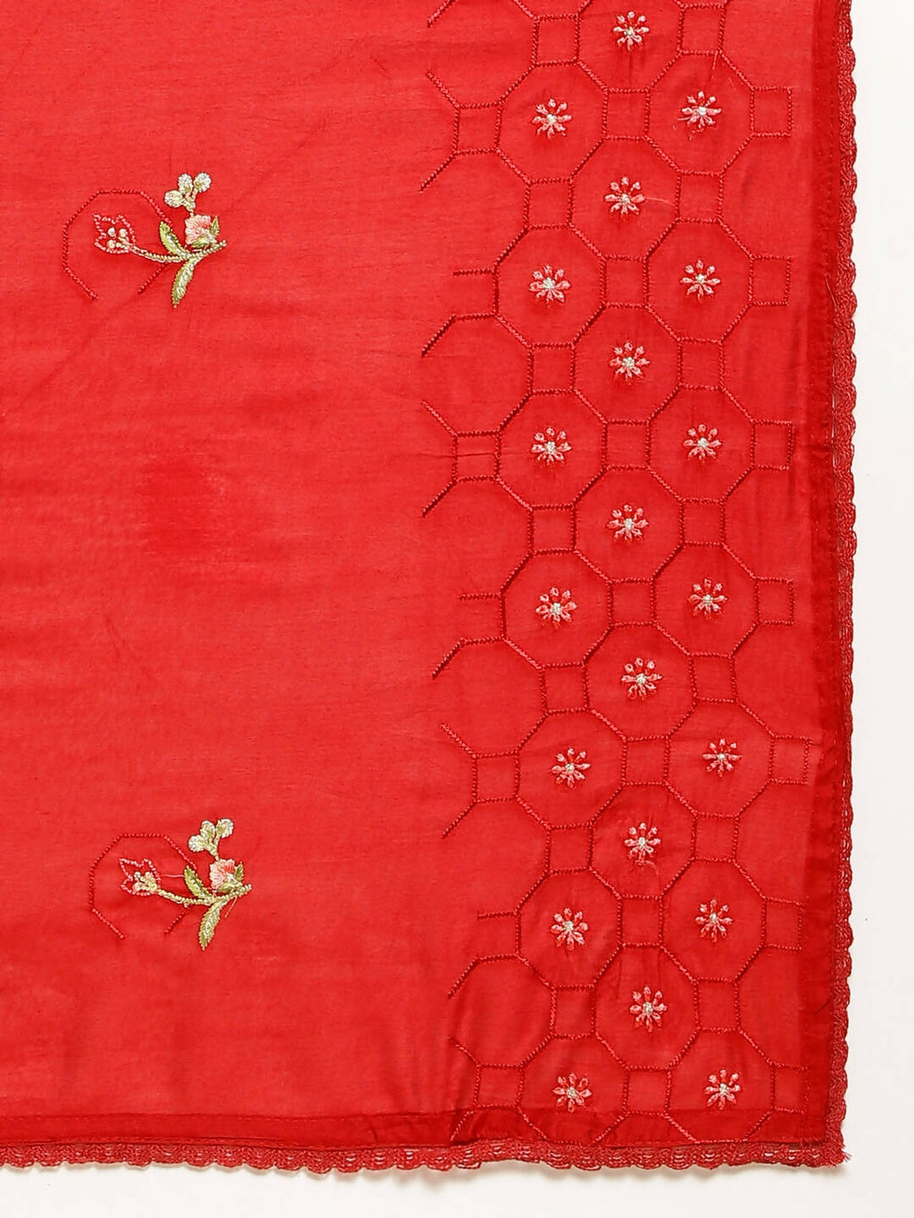 Red Chinon Embroidered Straight Kurta with Trouser & Dupatta - Salimar