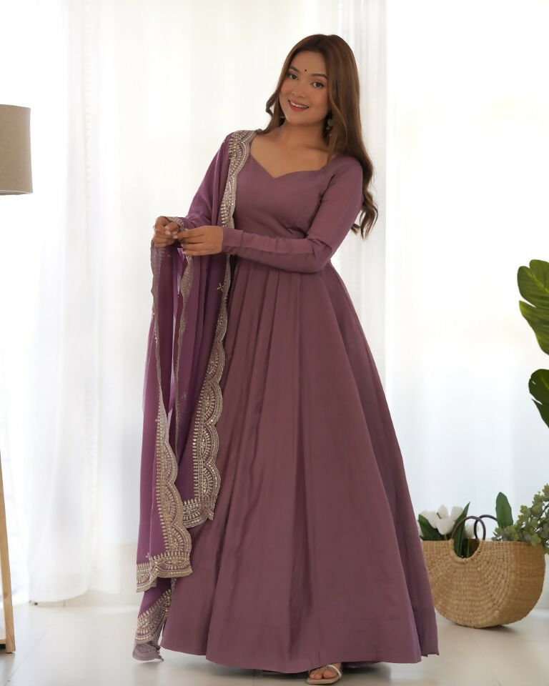 Teeya Creation Mauve Color Pure Roman Silk Chanderi Party Wear Fully Stitched Gown