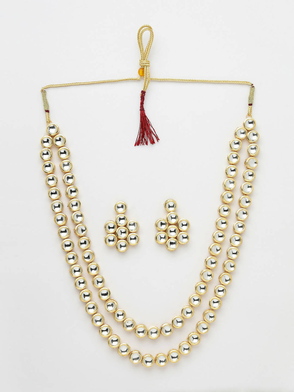 NVR Women's Gold-Polished Kundan 2 Layered Handcrafted Jewellery Sets With Drop Earrings