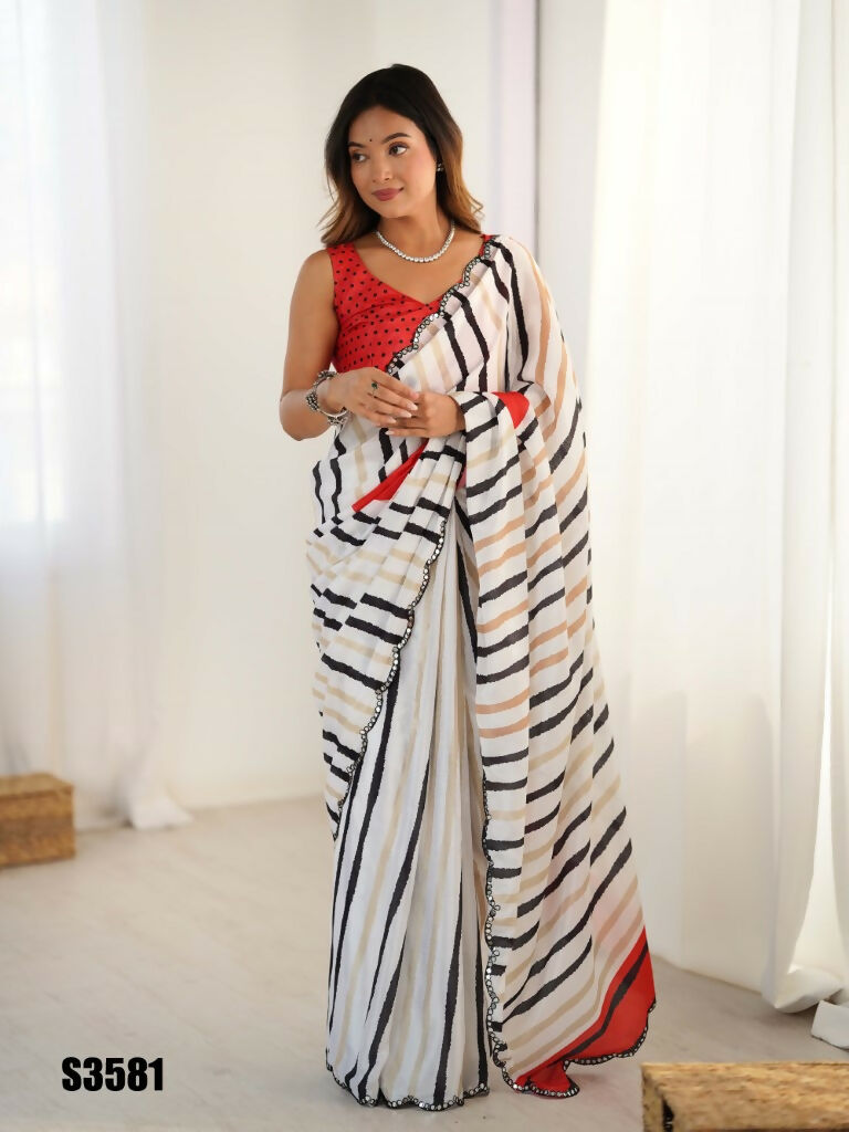 White Chinon Designer Digital Printed,Mirror Cut Work Saree - Sohni