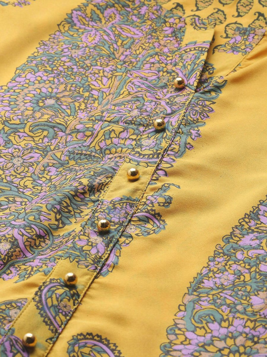 Ahalyaa Women Mustard Crepe Printed Kurta Churidar Set