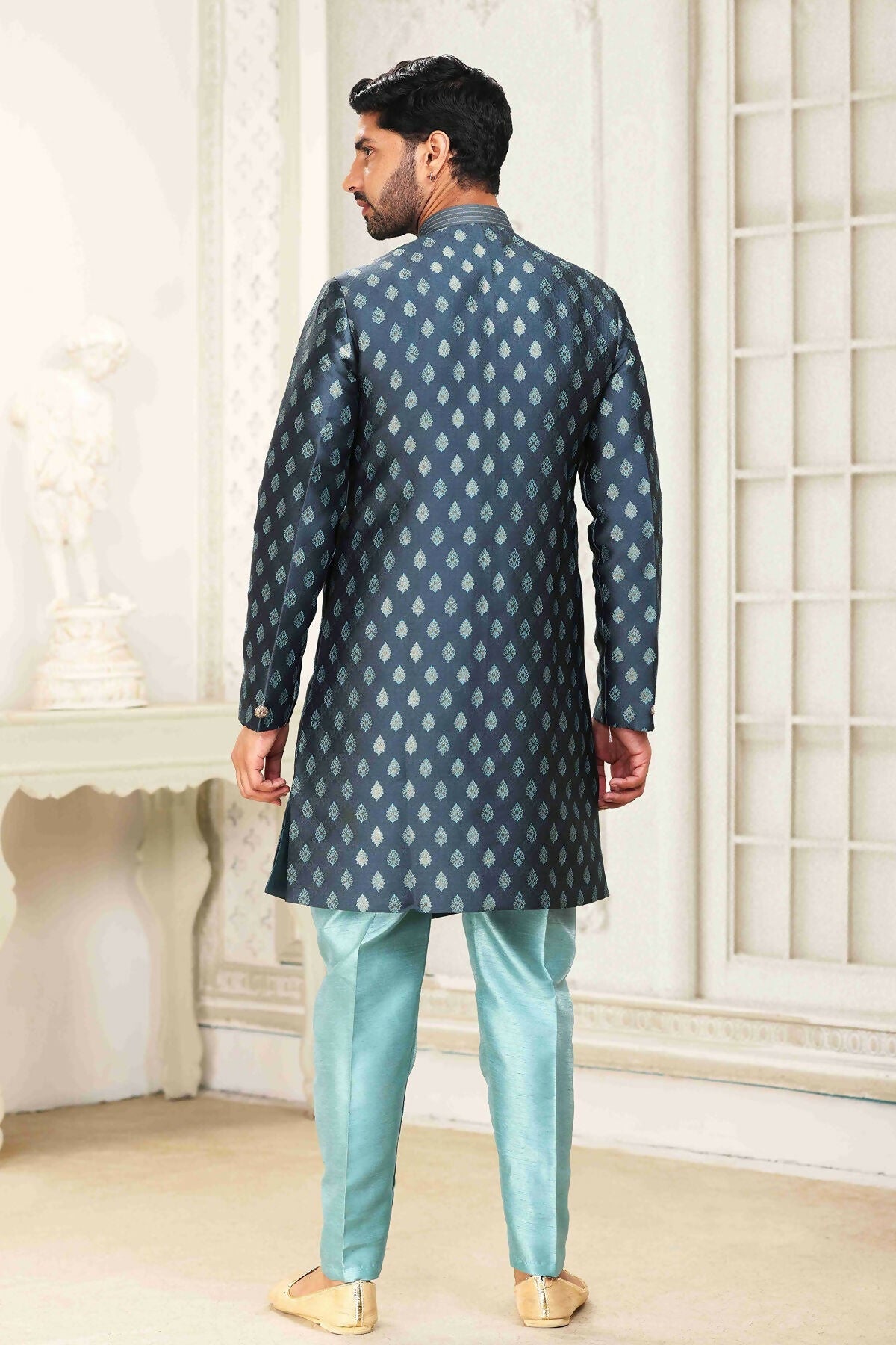 Raivat Ethnic Banarasi Jacquard Embroidery Semi Indo Western Sherwani In Grey Blue Colour