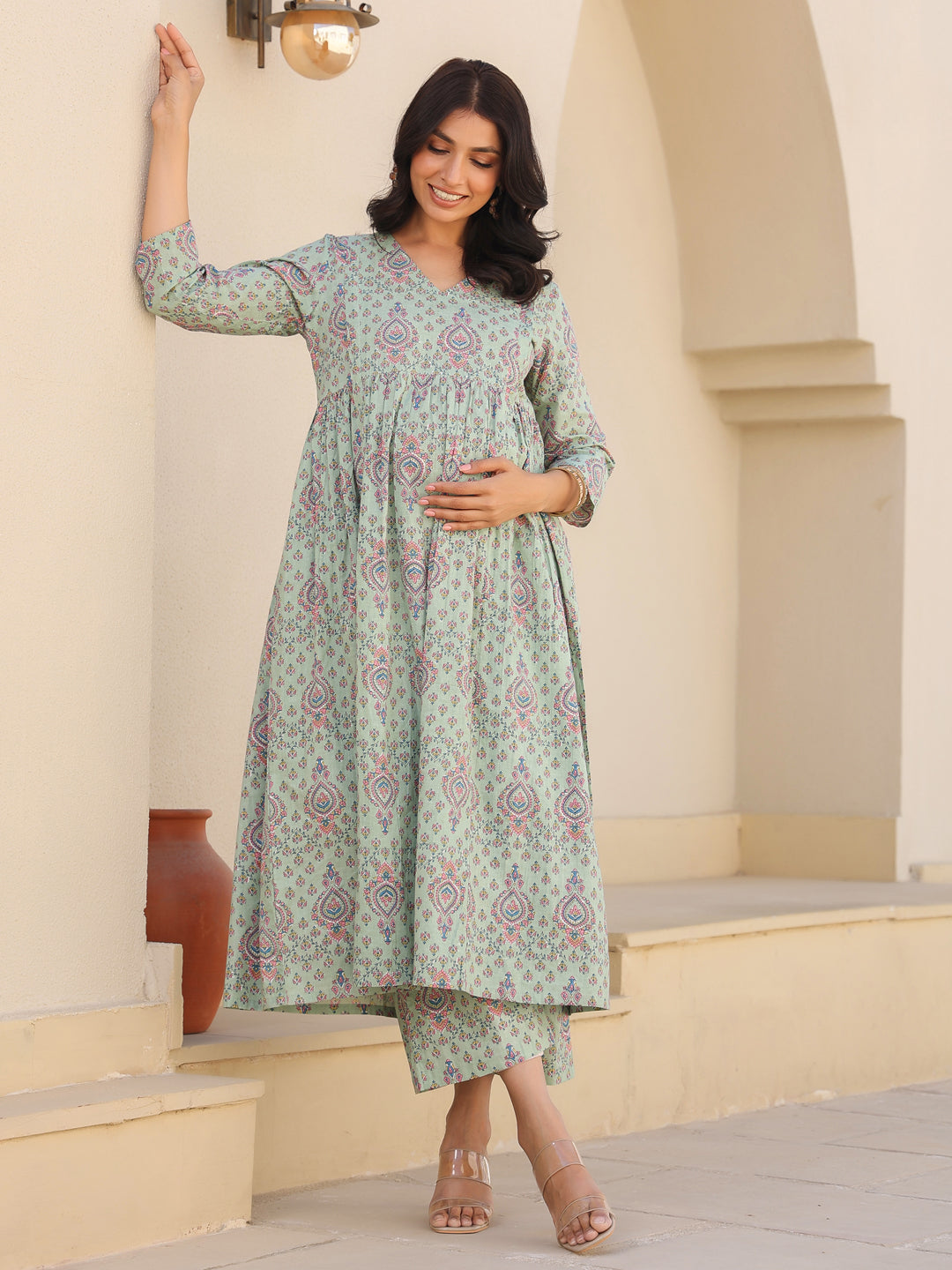 Janasya Light Cotton Floral A-Line Top & Bottom Set