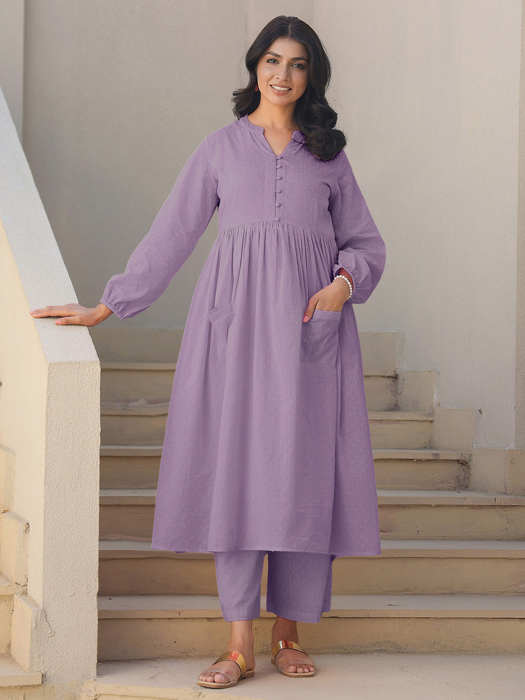 Janasya Light Dobby Cotton Self Design A-Line Kurta Set