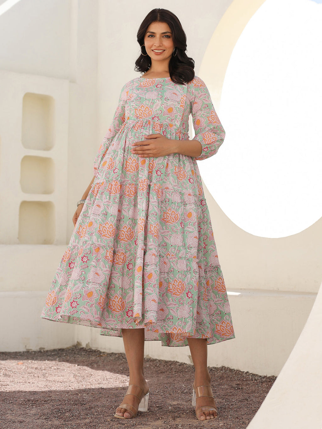 Janasya Light Cotton Floral A-Line Dress