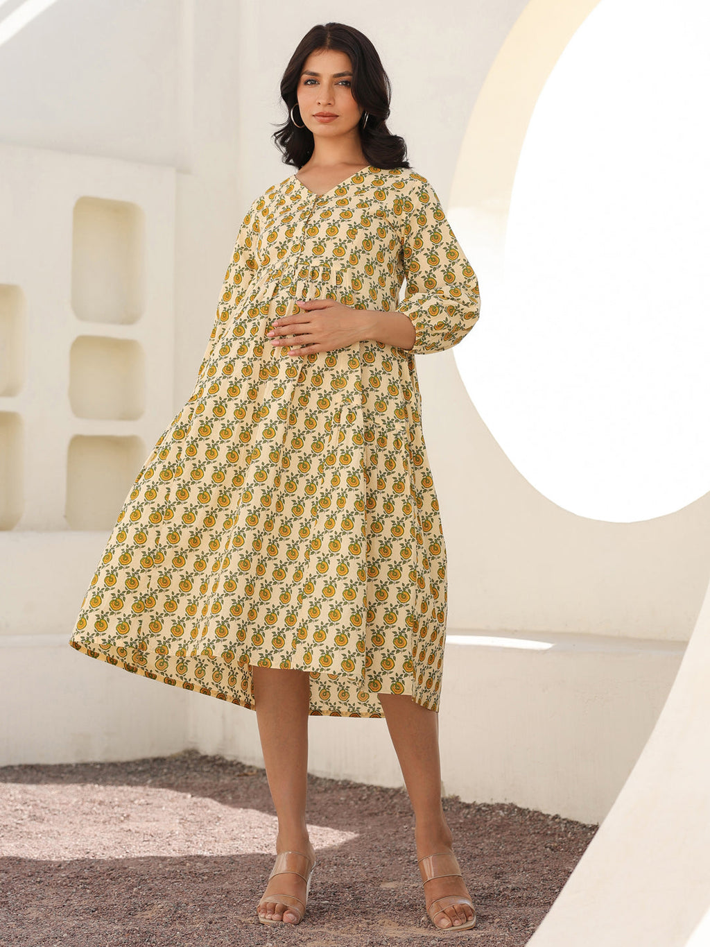 Janasya Light Cotton Floral A-Line Dress