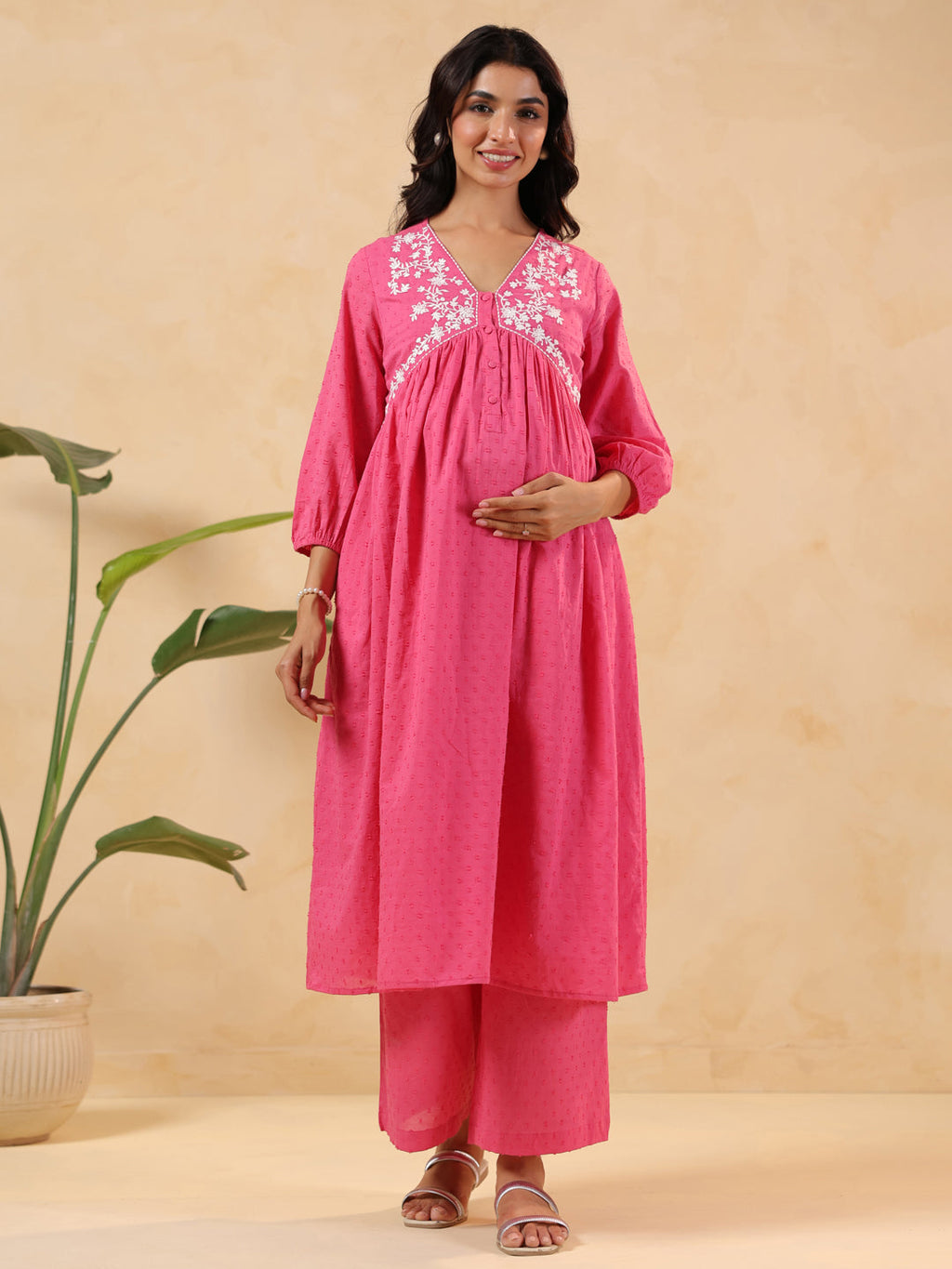 Janasya Light Dobby Cotton Yoke Embroidery A-Line Kurta Set