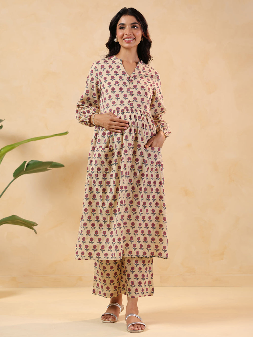 Janasya Light Cotton Floral A-Line Kurta Set