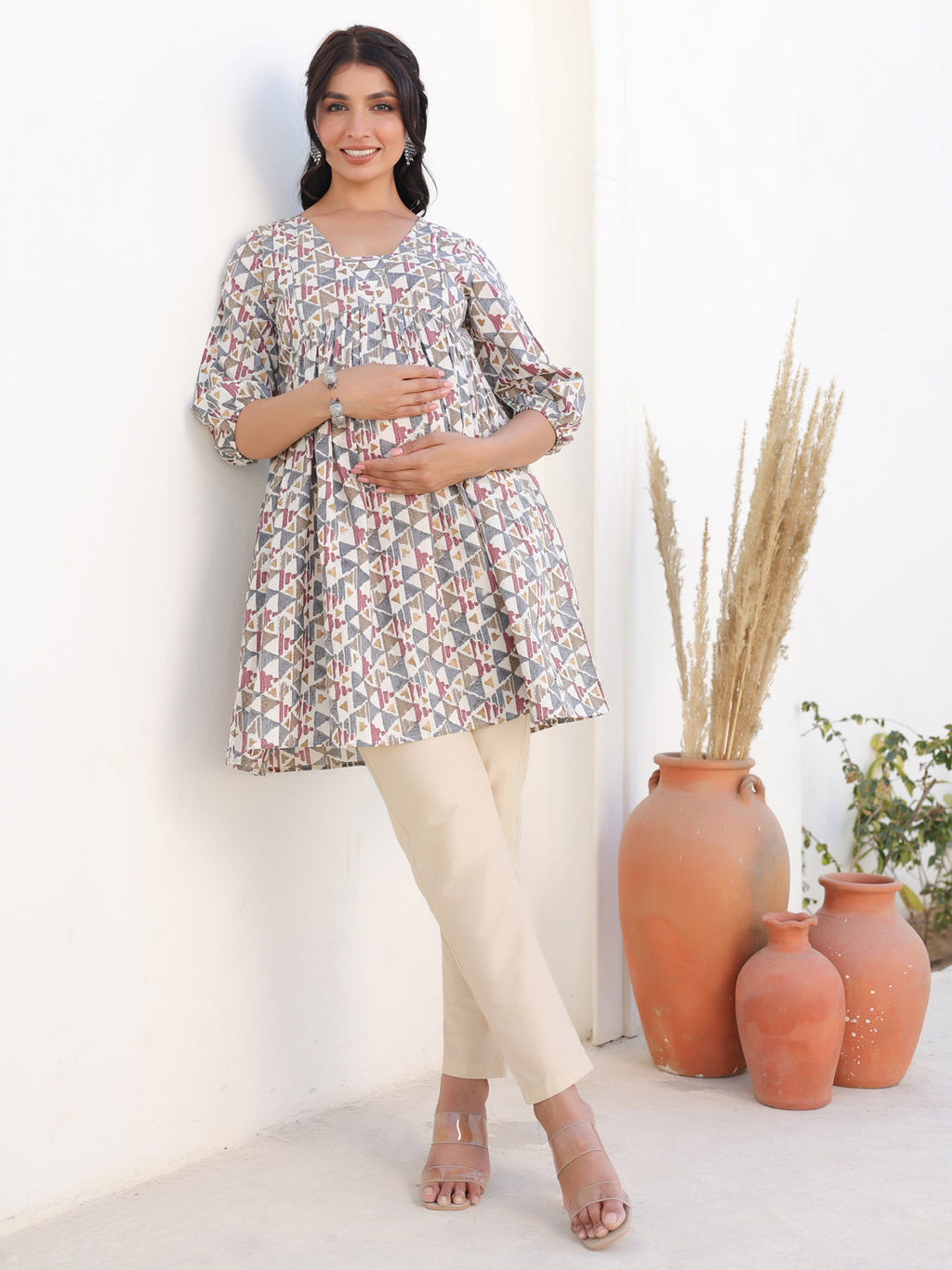 Janasya Light Cotton Geometric A-Line Tunic