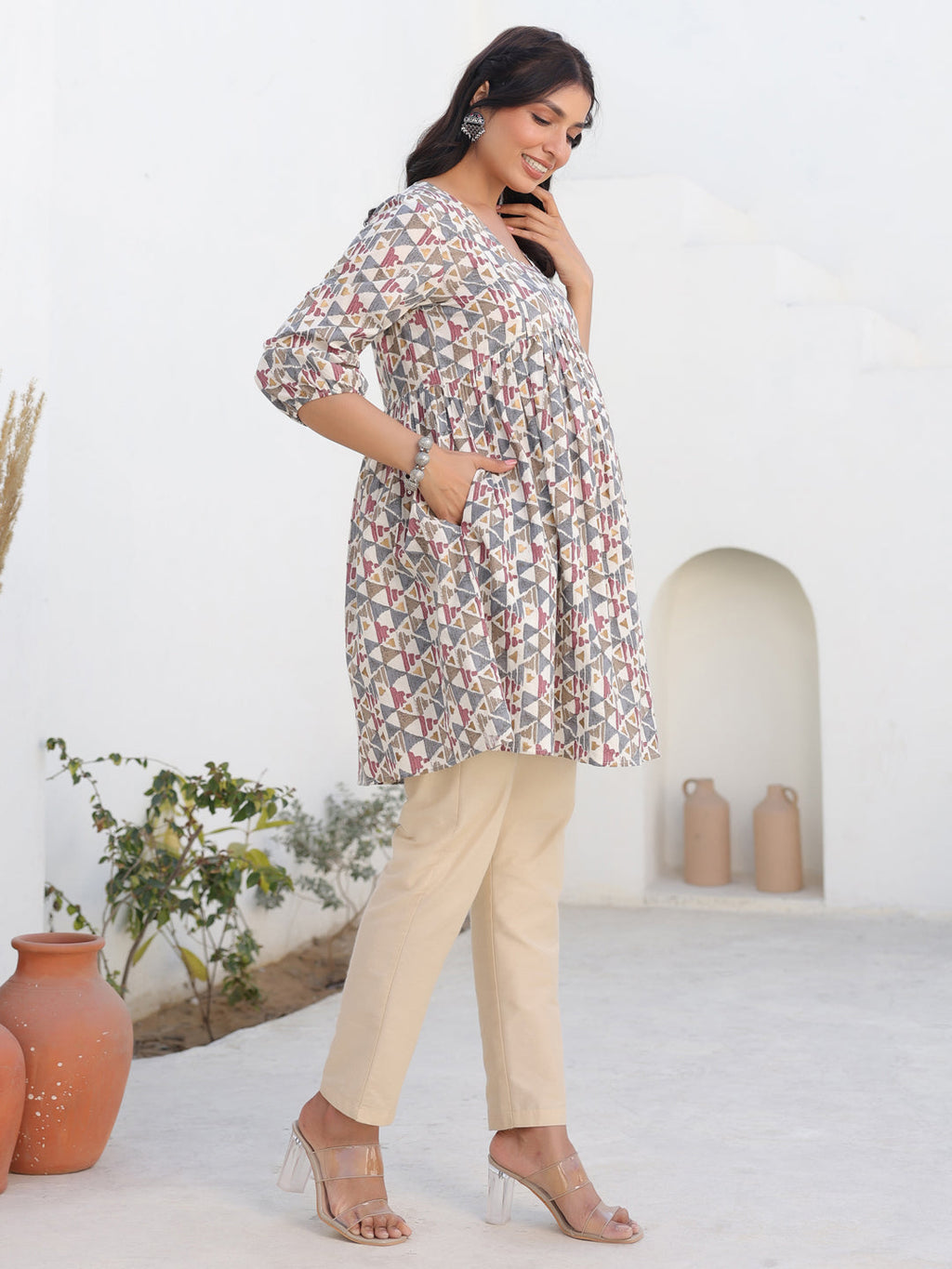 Janasya Light Cotton Geometric A-Line Tunic