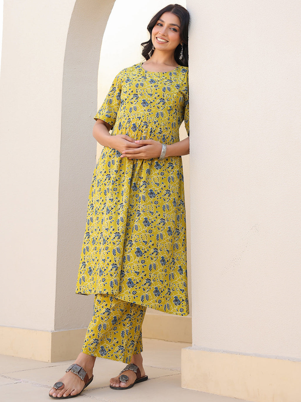 Janasya Bright Cotton Floral A-Line Top & Bottom Set