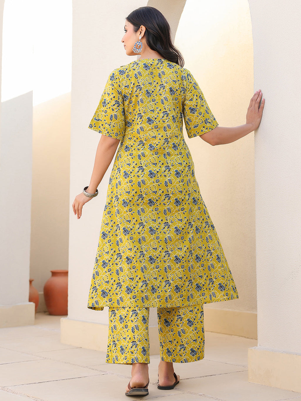 Janasya Bright Cotton Floral A-Line Top & Bottom Set