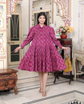 Miravan Women's Magenta Pure Cotton Long Puff Sleeve Gathered Tiered Loose Fit A-Line Dress