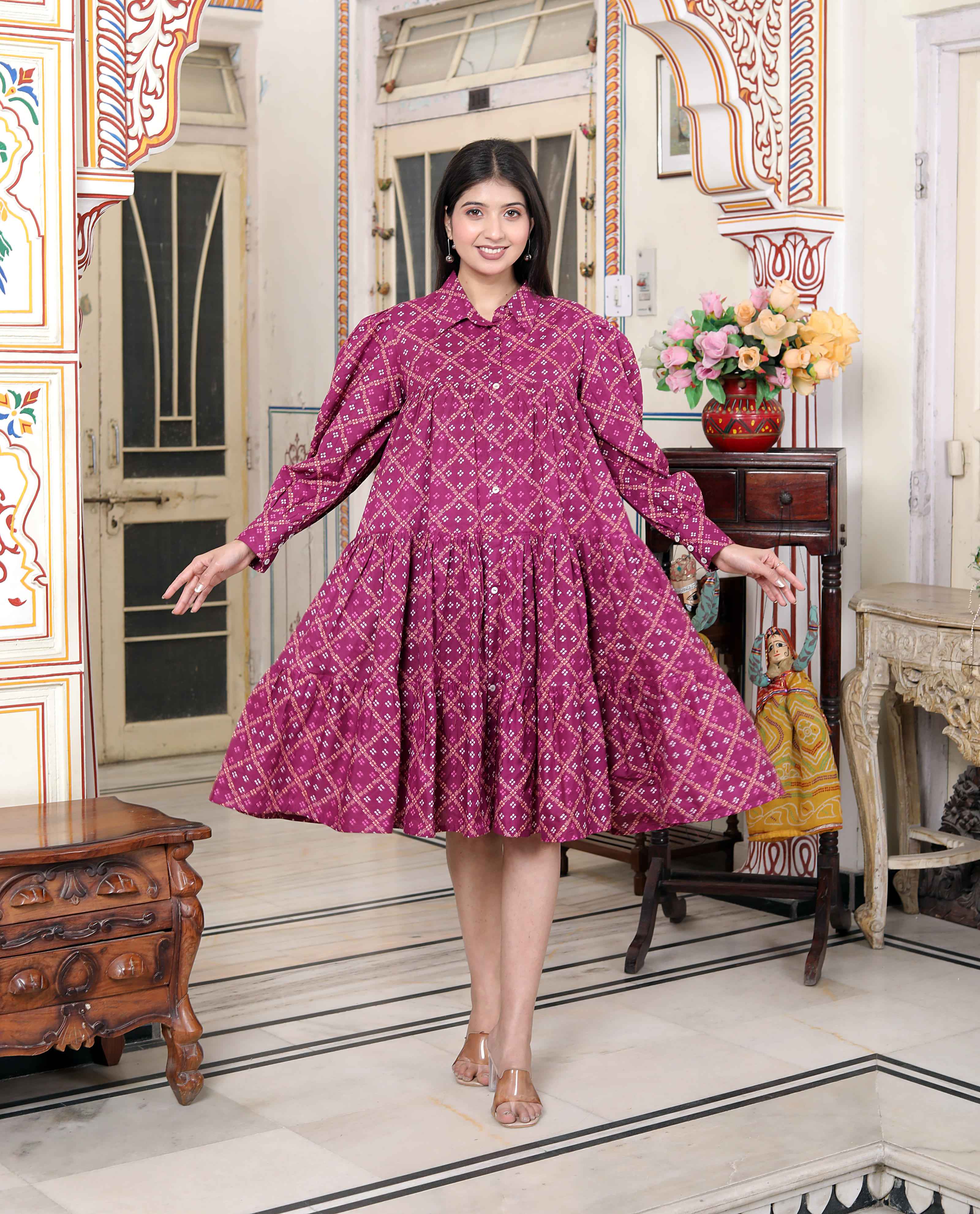 Miravan Women's Magenta Pure Cotton Long Puff Sleeve Gathered Tiered Loose Fit A-Line Dress