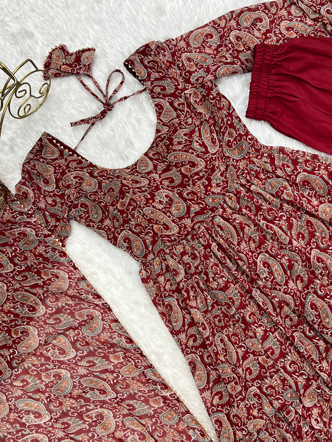 Lorenvalley Fashion Women Pure Soft Georgette Kalamkari Print Fully Flair Anarkali With Pant Dupatta Set - Maroon
