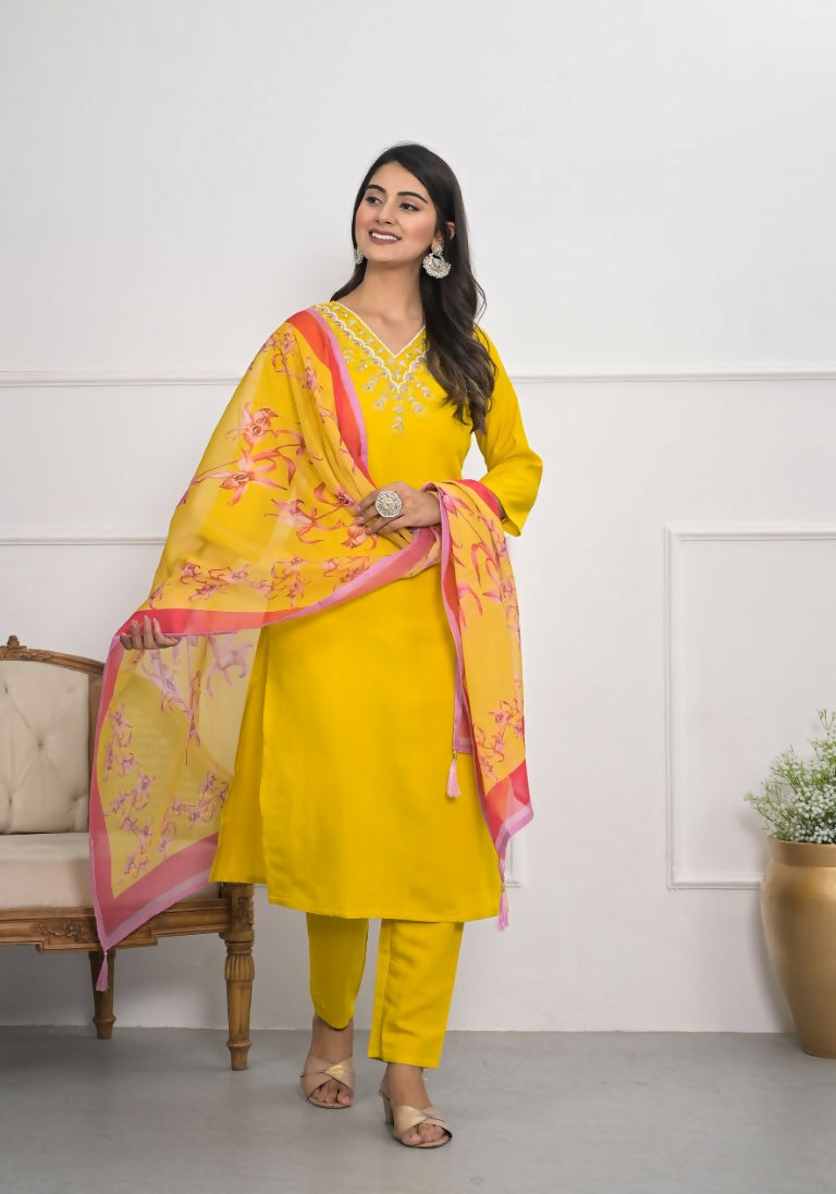 Yellow Viscose Silk Embroidery with Thread and sequence Stitched Suit With Dupatta - Tanisha