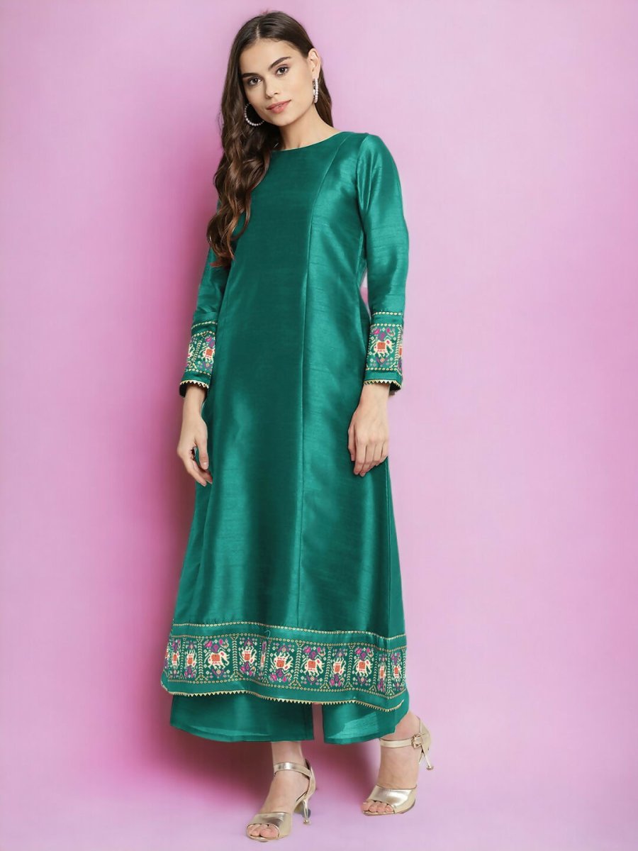 Ahalyaa Women Sea Green Printed Gotta Patti Kurti with Palazzos & Dupatta - Sea Green