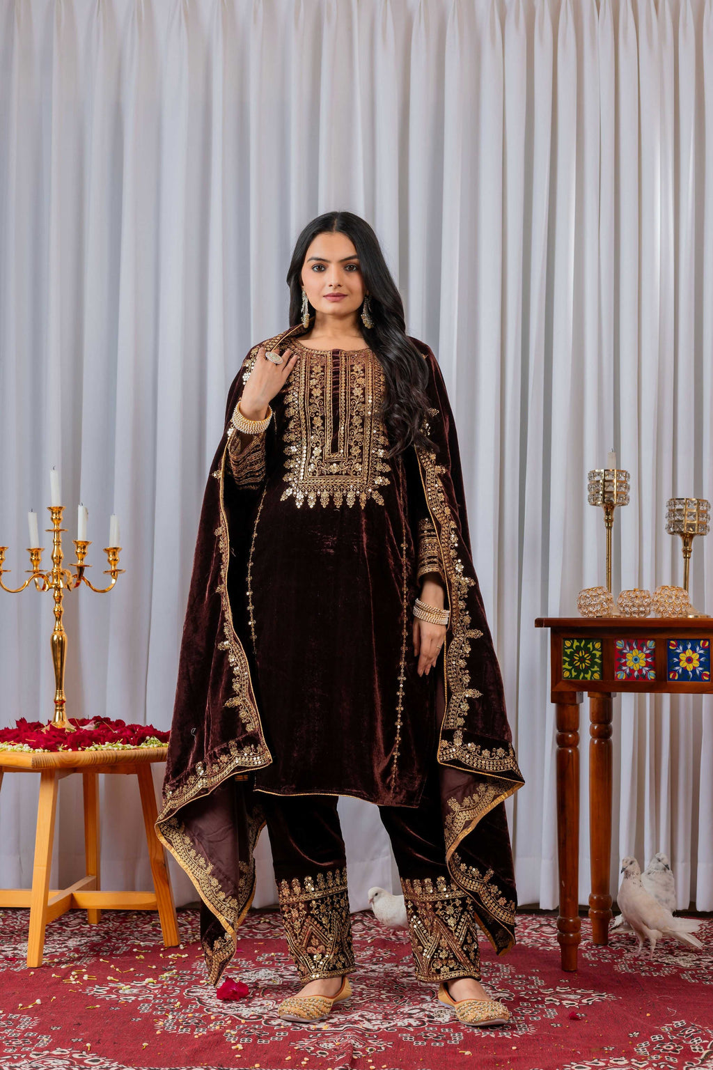 Teeya Creation Maroon Color Velvet Designer Embroidery Work party Wear Suit