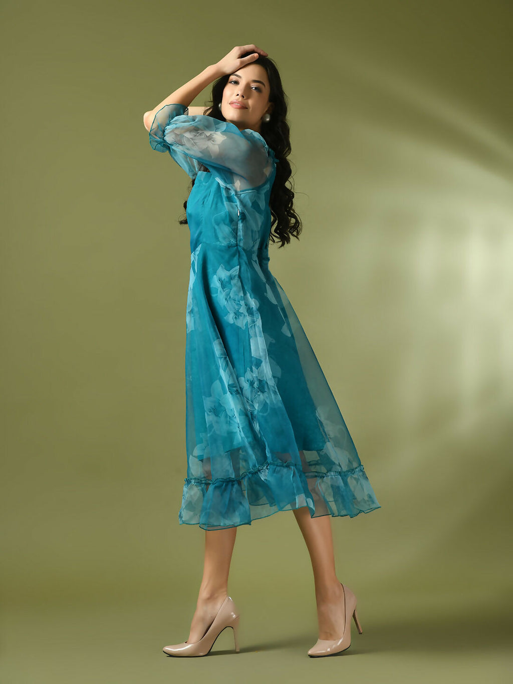 Myshka Women's Teal Printed Square Neck Fit and Flare Party Dress