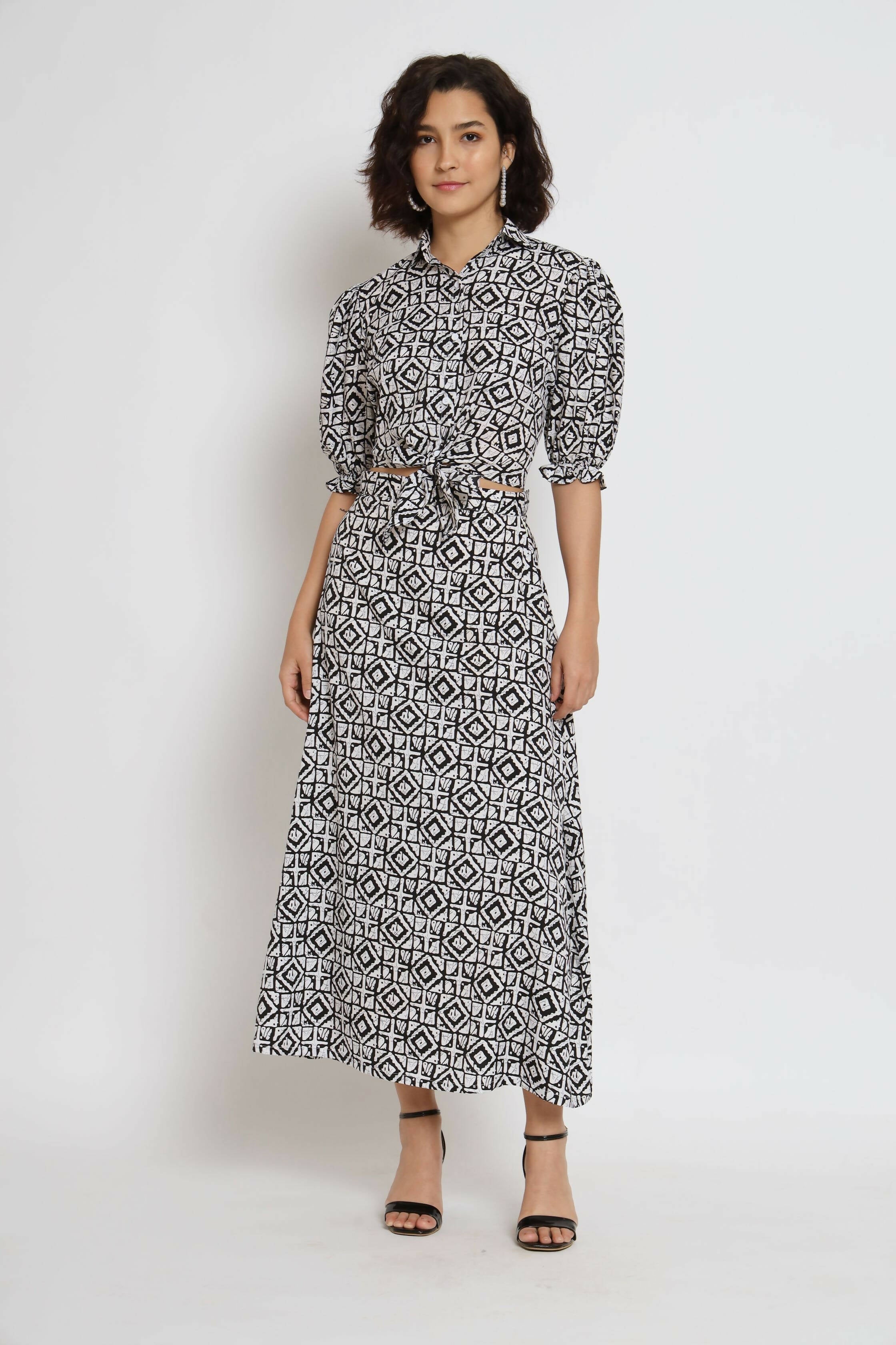 White Crepe Geometric Printed Top with Matching Skirt - Shivani