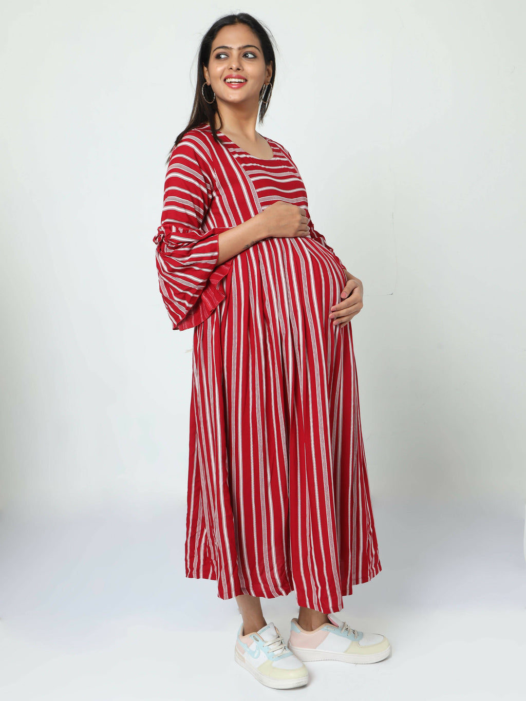 Manet Three Fourth Maternity Dress With Concealed Zipper Nursing Access - Red