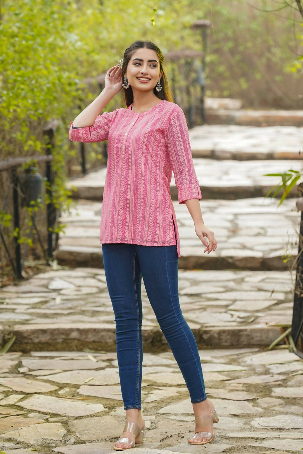 Juniper Women Pink Georgette Printed High-Low Tunic