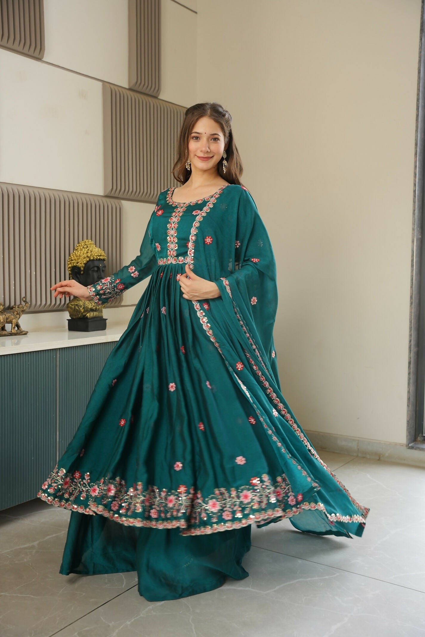Teeya Creation Rama Color Heavy Crush Silk Wedding Wear Embroidery Work Long Gown