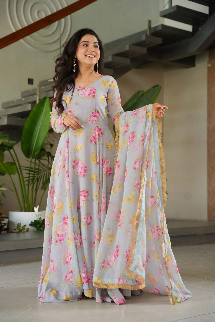 Vastranavya Light Grey Faux Georgette With Rich Flower Digital Print work Gown