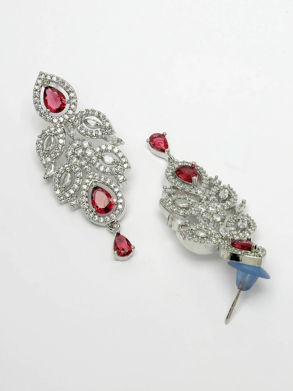 NVR Women Silver Plated & Maroon Cz Stone Handcrafted Jewellery Set