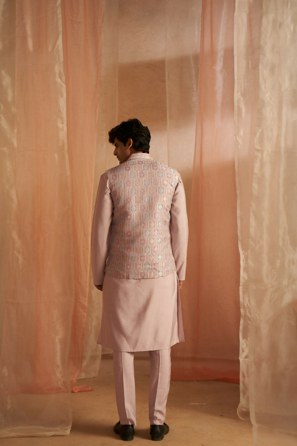 Purple Viscose Designer Printed Men's Kurta Set with Koti - Mahotsav