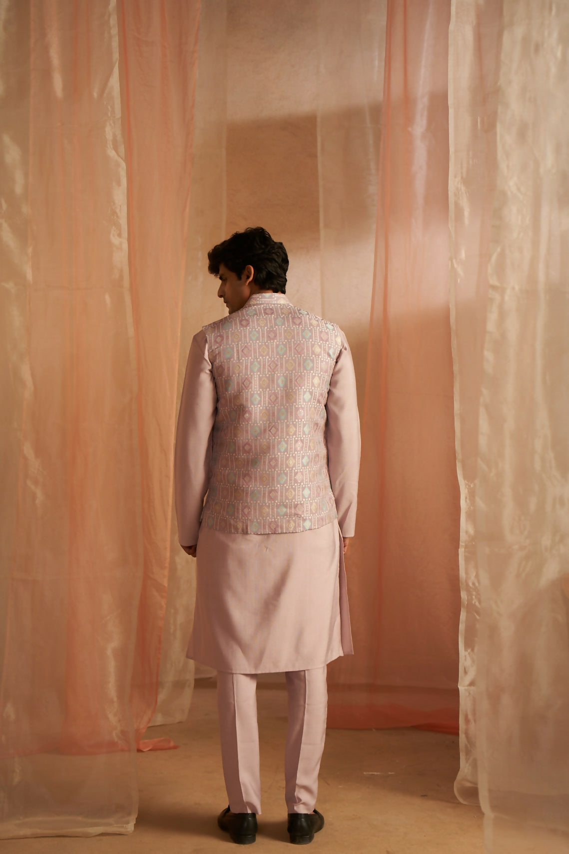 Purple Viscose Designer Printed Men's Kurta Set with Koti - Mahotsav