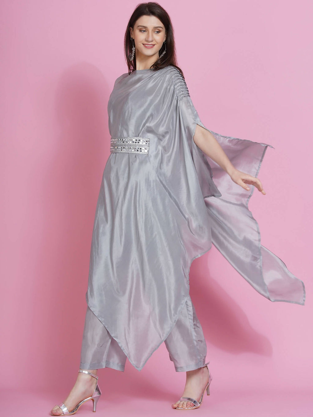 Women Republic Grey Opara Silk Kurta With Belt And Palazzo
