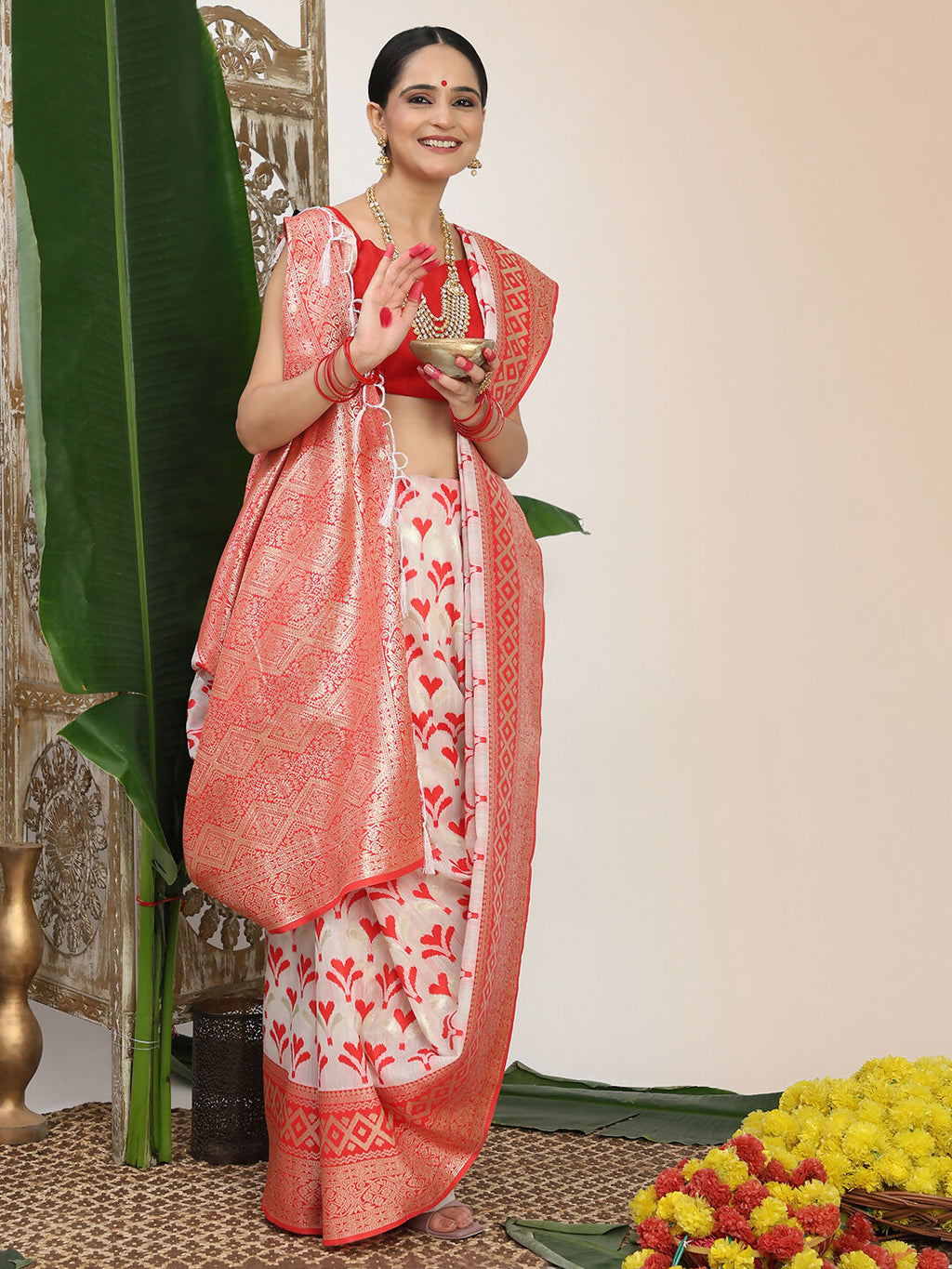 Shree Shyam Fashion Linen Cotton Red & White Saree