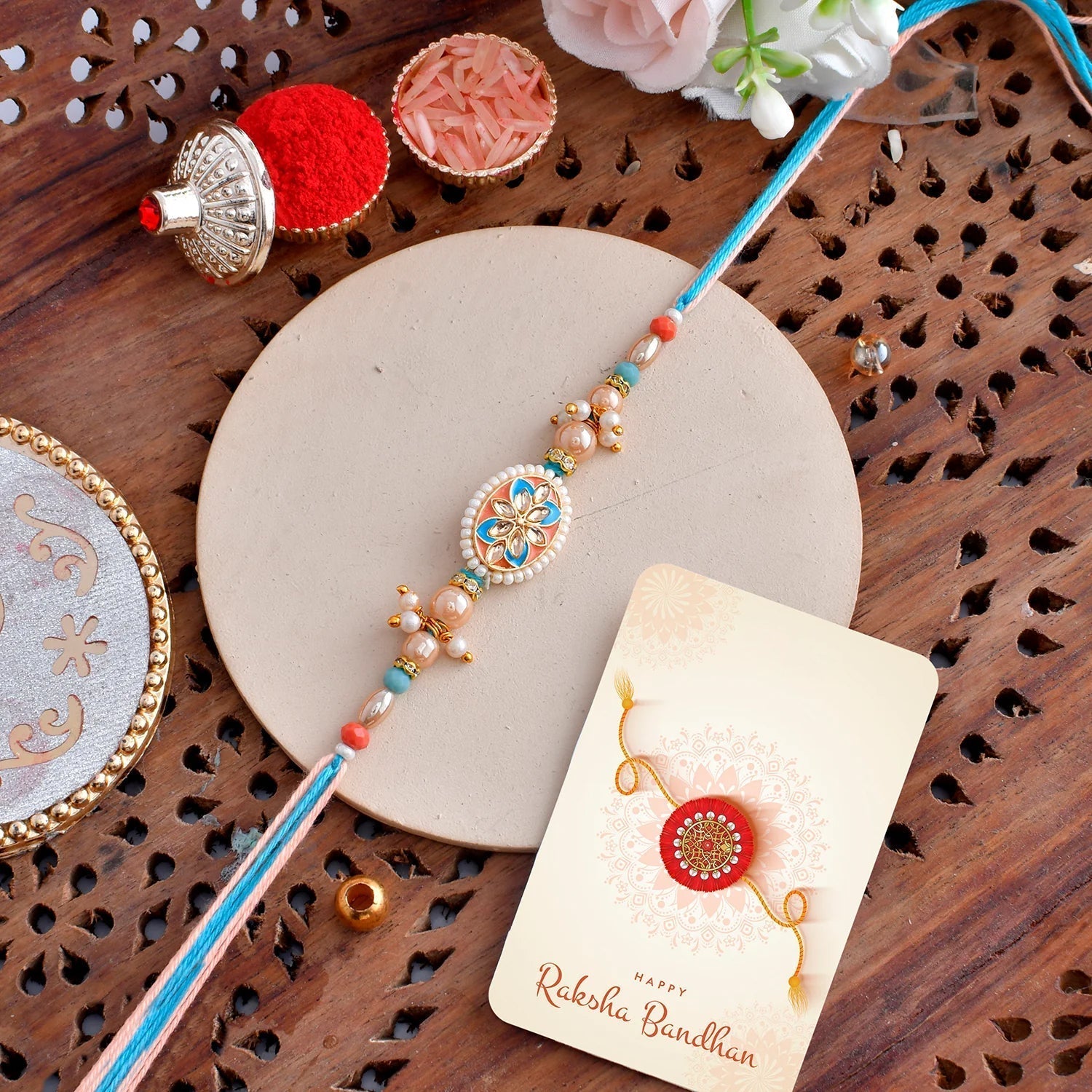 trueBrowns X Voylla Men's Colourful Thread Traditional Design White Pearls Rakhi For Brother
