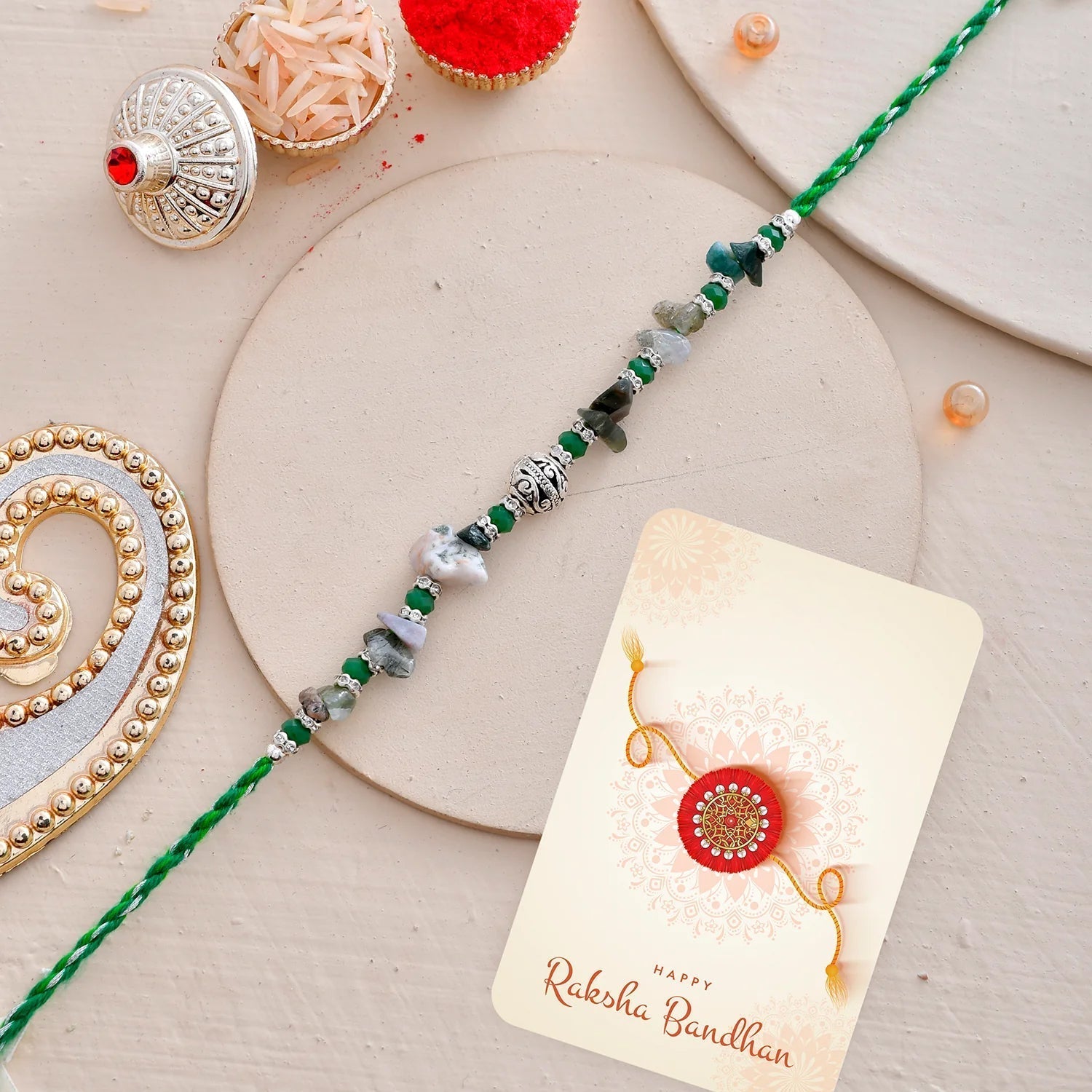 trueBrowns X Voylla Green Beads Bohemian Motif Thread Rakhi For Brother