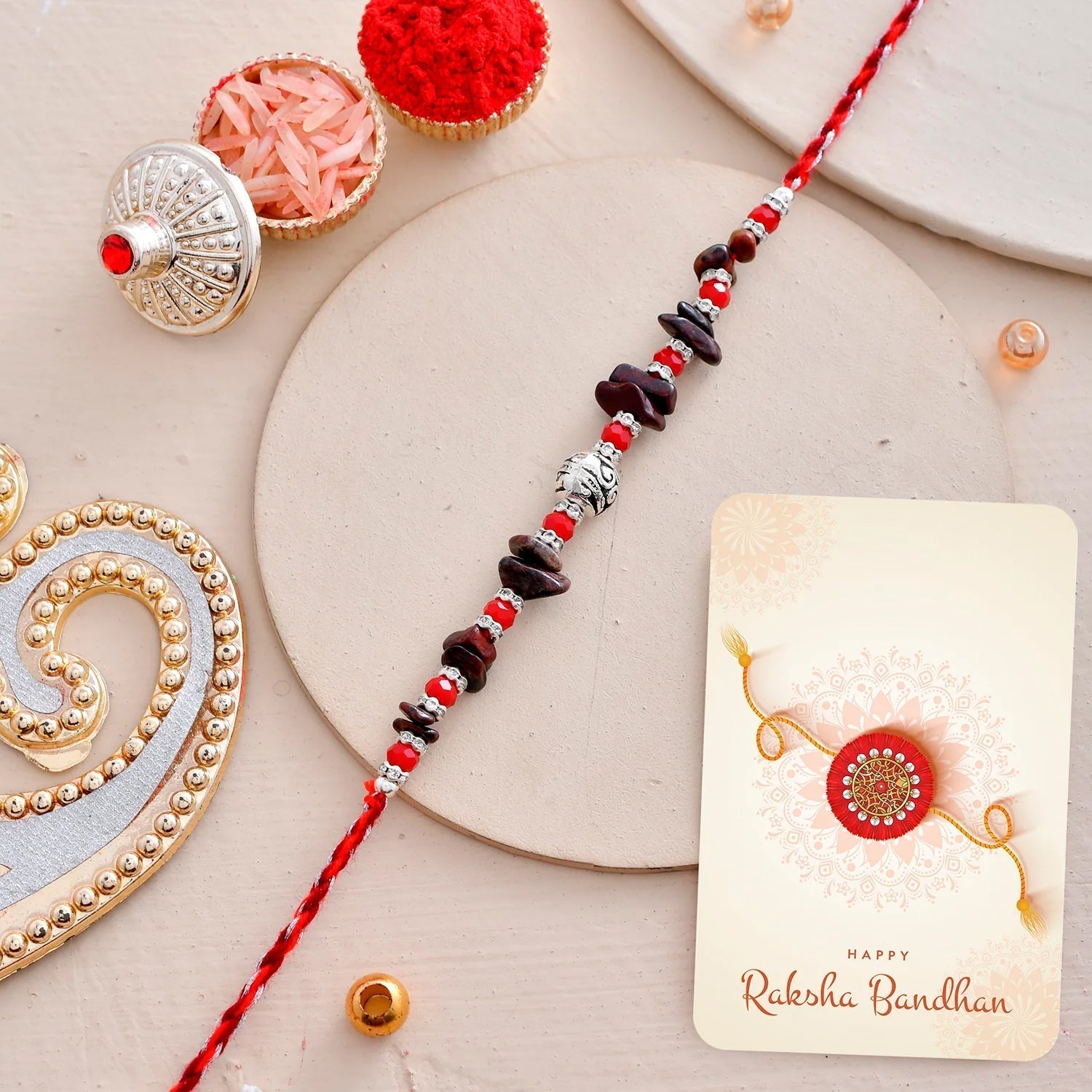 trueBrowns X Voylla Red Beads Bohemian Motif Thread Rakhi For Brother