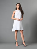 Myshka Women's Round Neck Sleeveless Embellished A-Line Dress in White Color