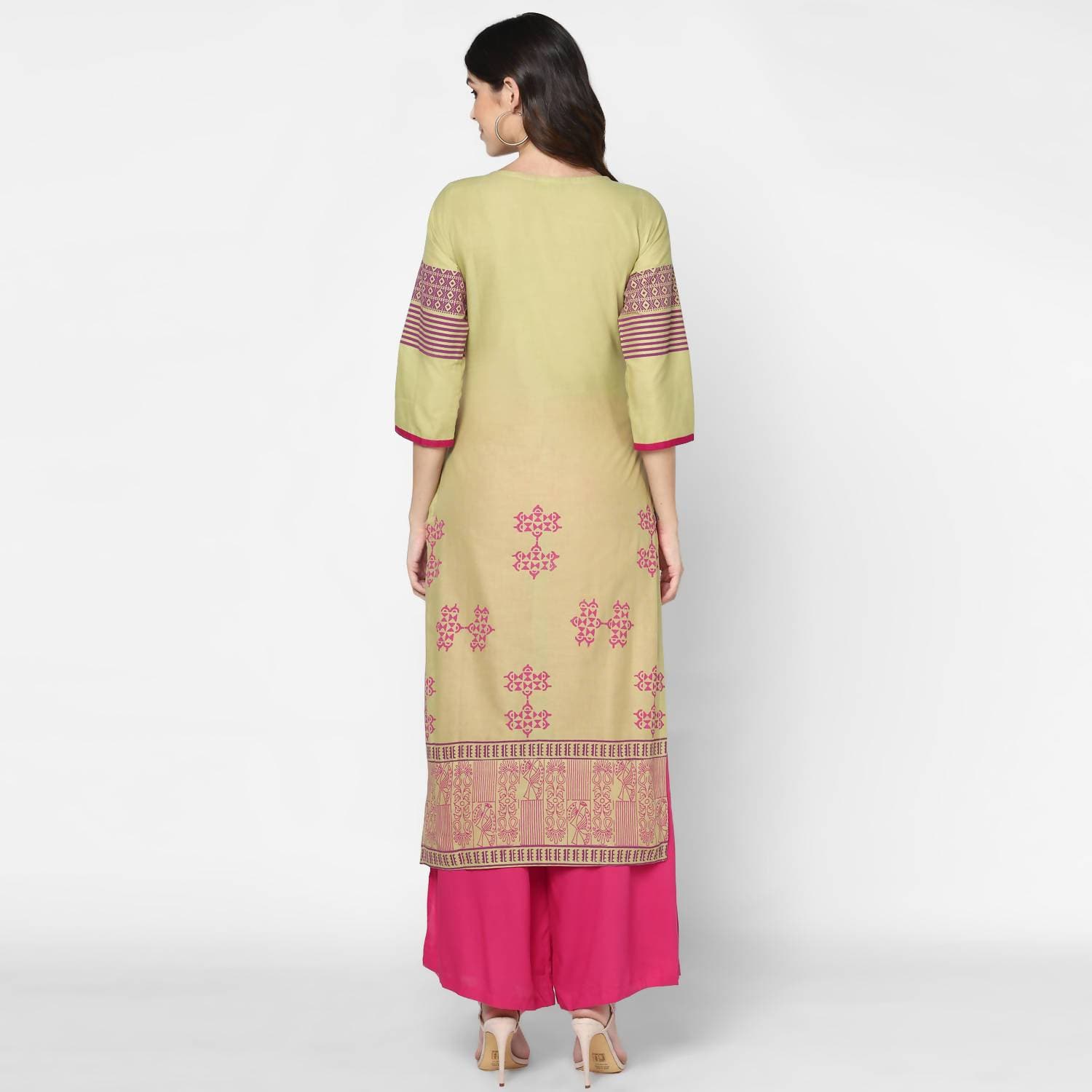 Cheera Hand Block Print Green & Pink Straight Kurta With Palazzo (MAAI-079K)
