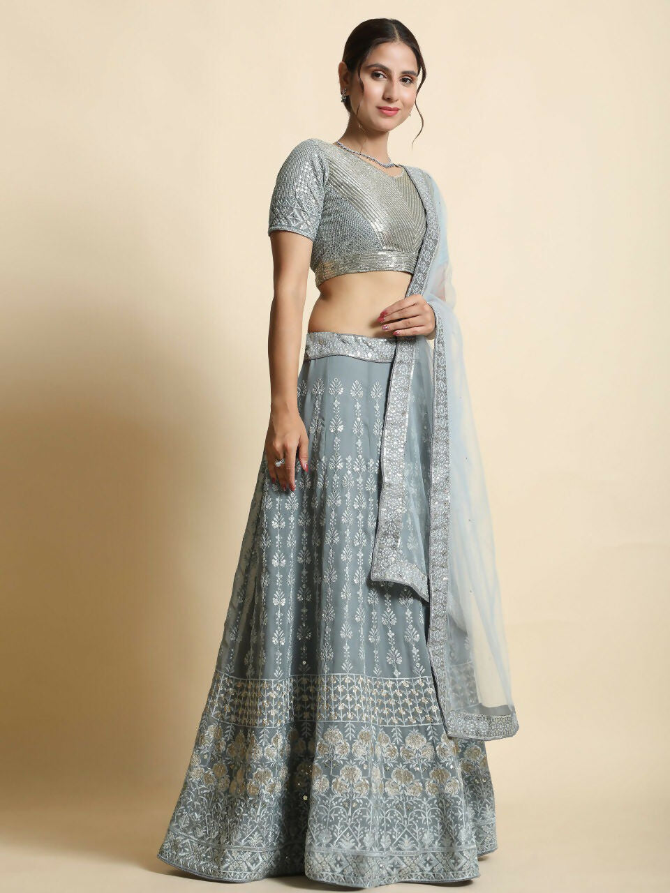 Jyoti Fashion Mesmerizing Grey Faux Georgette 3MM Sequins with Thread & Jari Embroidery Lehenga Choli with Dupatta