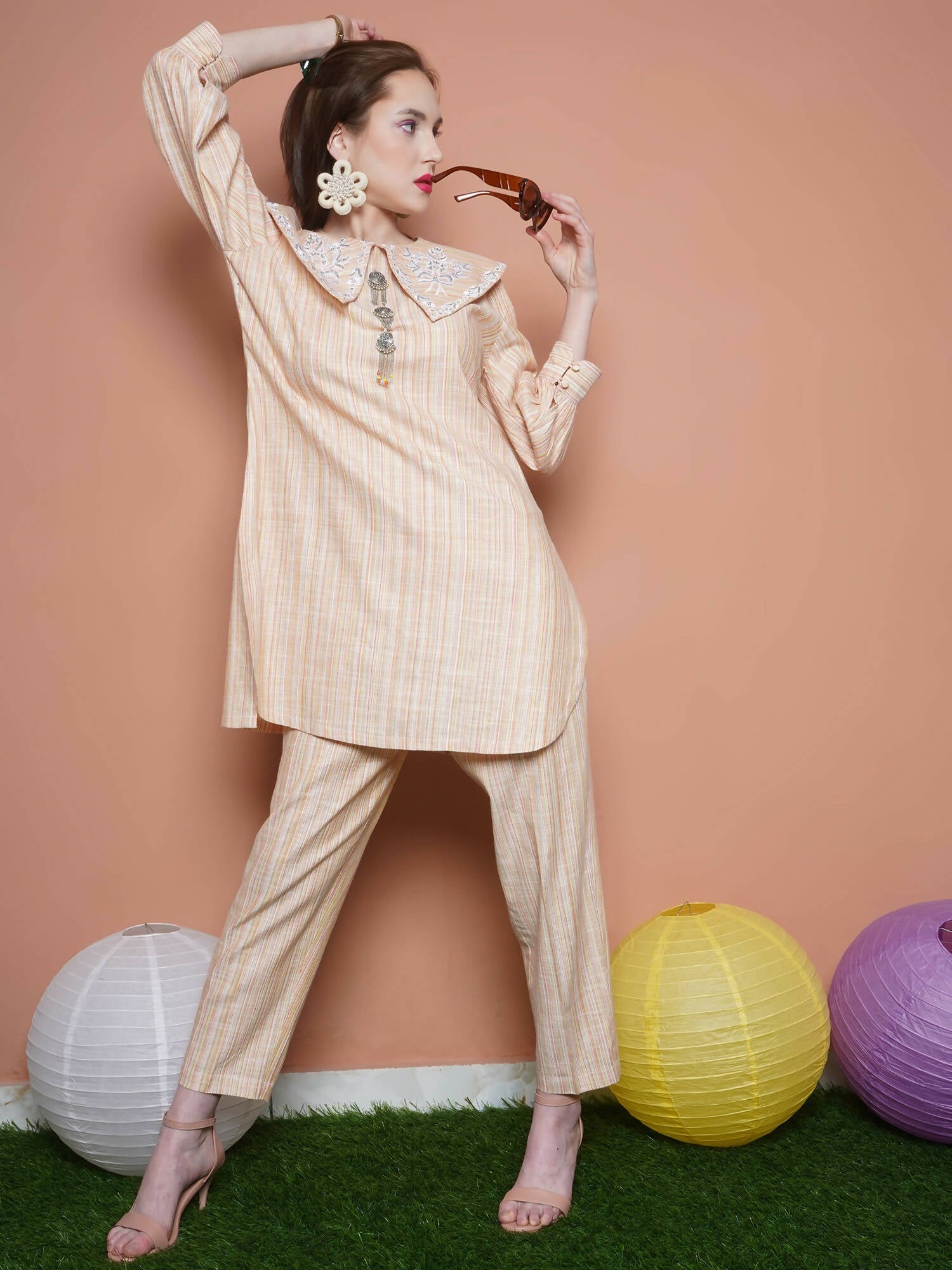 Women Republic Beige Striped Kurta Set