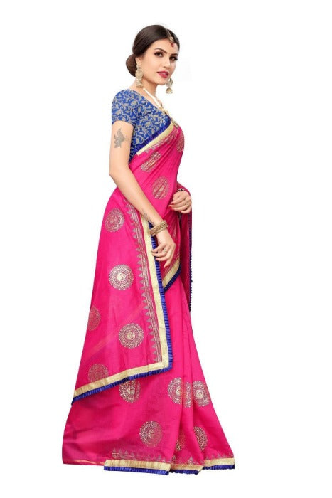 Vamika Chanderi Cotton Foil Print Pink Saree (GOLDEN BIRD Pink)
