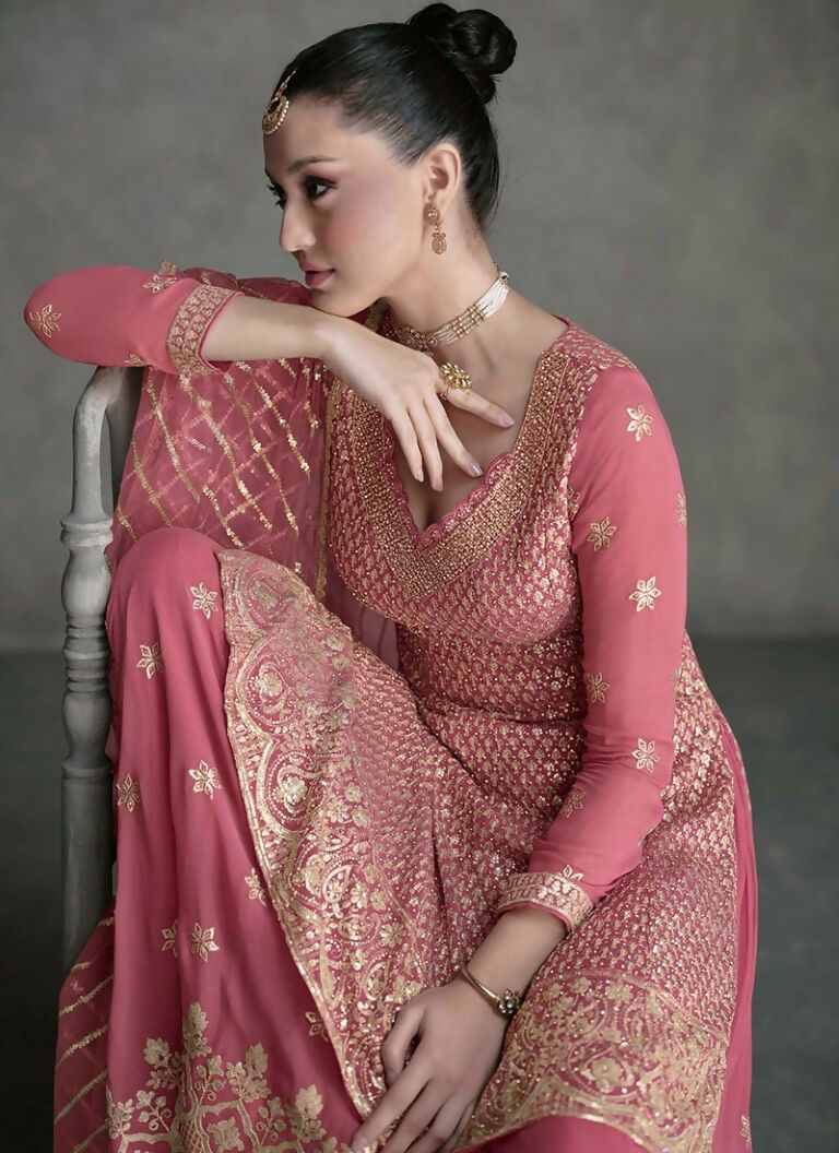 Vastranavya Mauve Embroidered Sequins Pakistani Palazzo Suit Party Wear
