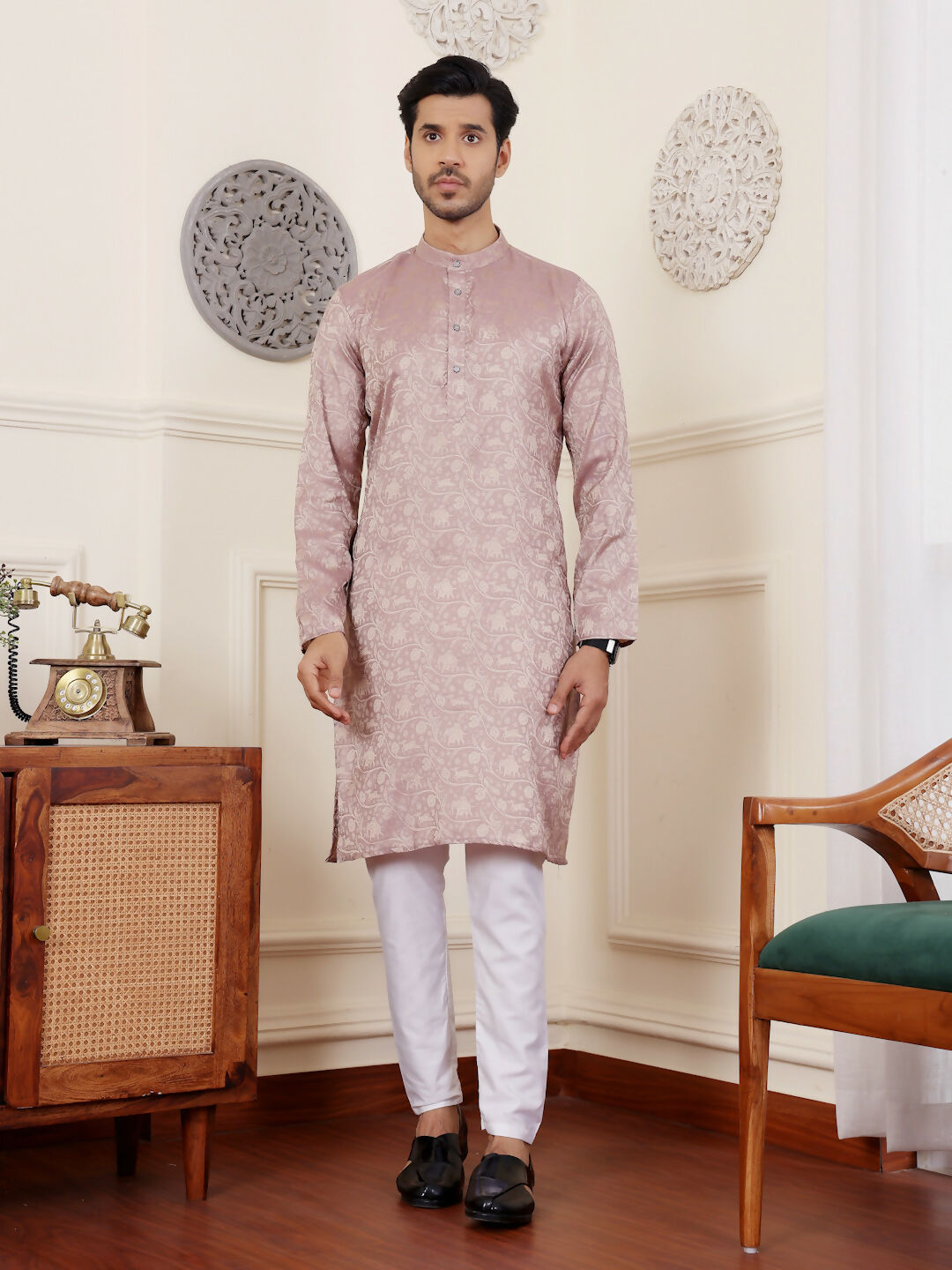 Mauve Modal Silk Wevon Designer Men's Rajwadi Kurta Set - Mahotsav