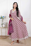 Miravan Women's Cream Embroidered Cotton Anarkali Kurta and Dupatta
