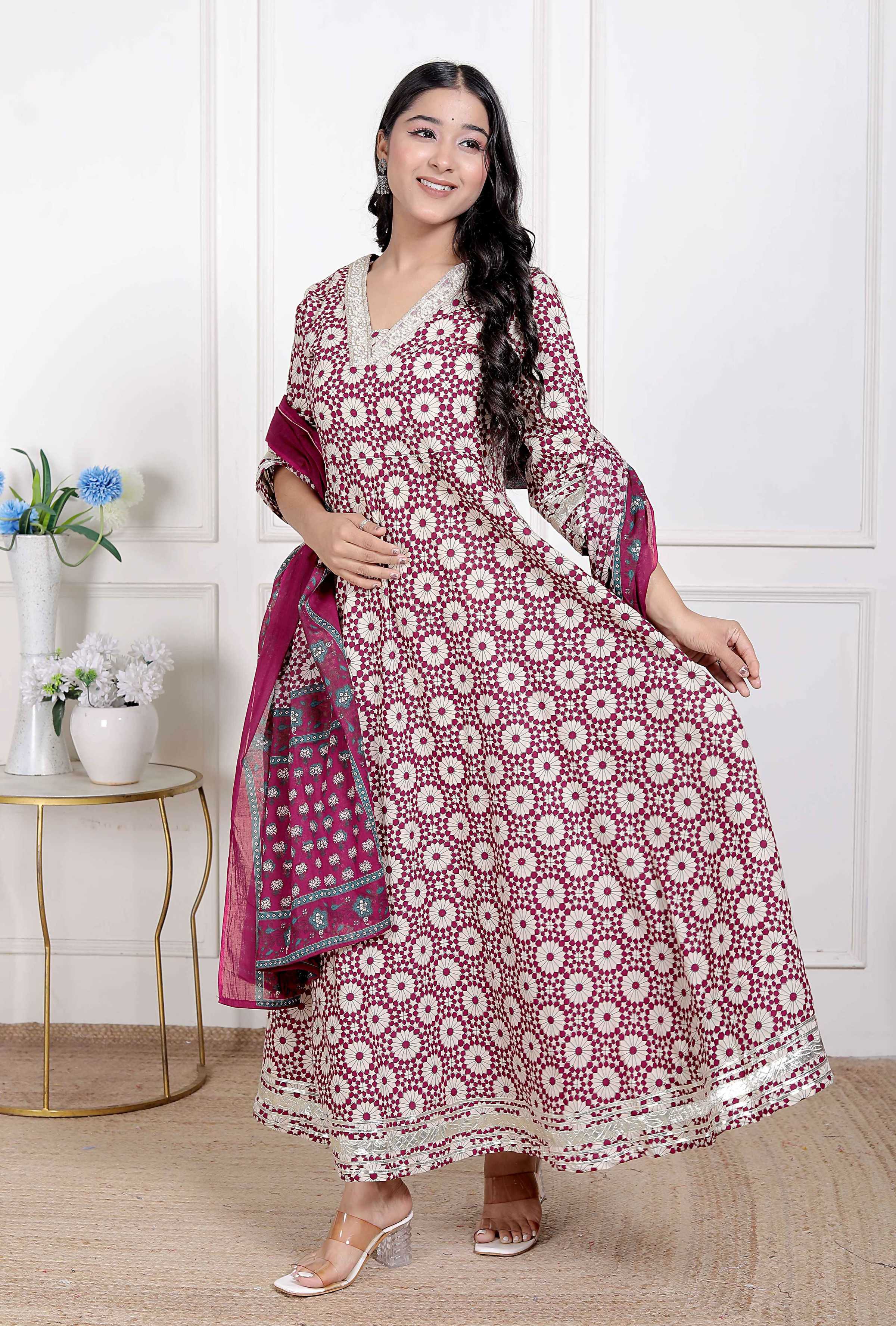 Miravan Women's Cream Embroidered Cotton Anarkali Kurta and Dupatta