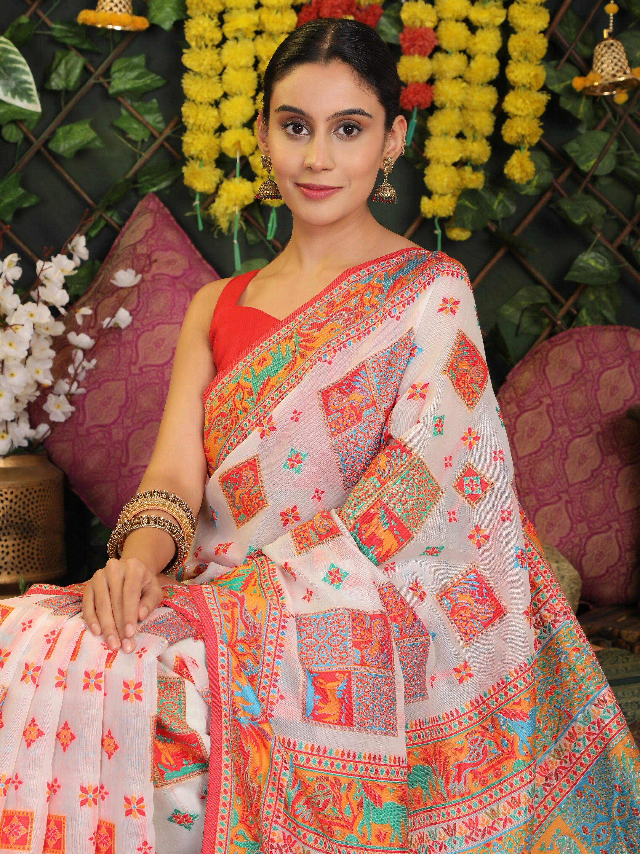 Shree Shyam Fashion Linen Cotton White Saree