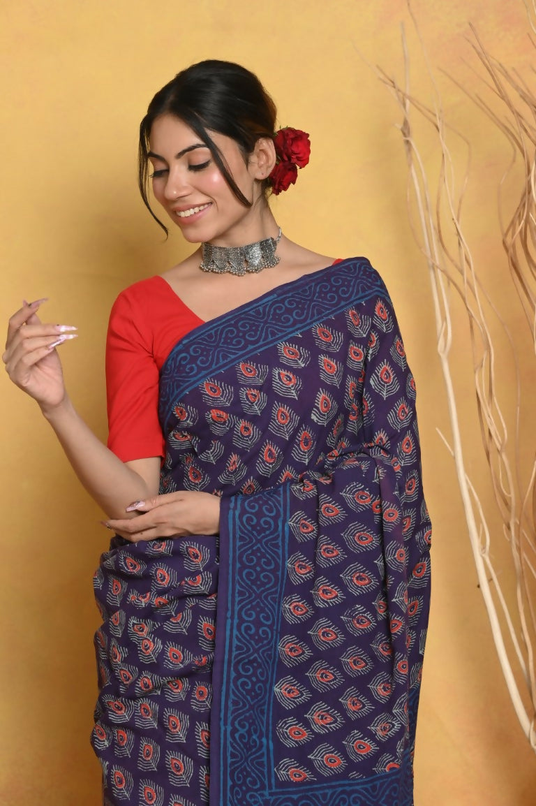 Very Much Indian Handblock Printed Cotton Saree With Natural Dyes - Blue