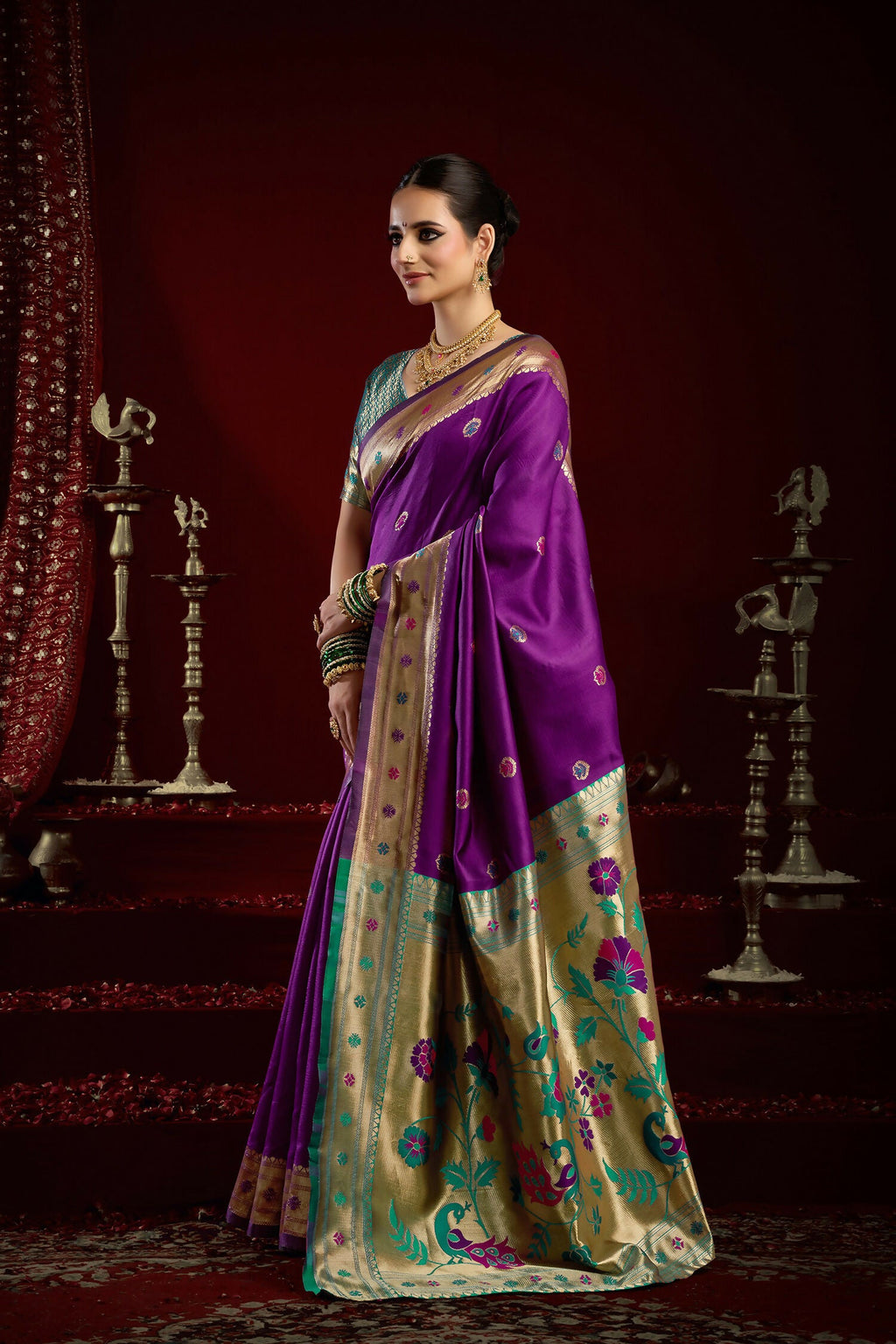Joban Fashion Purple Paithani Silk Blend Butti Saree