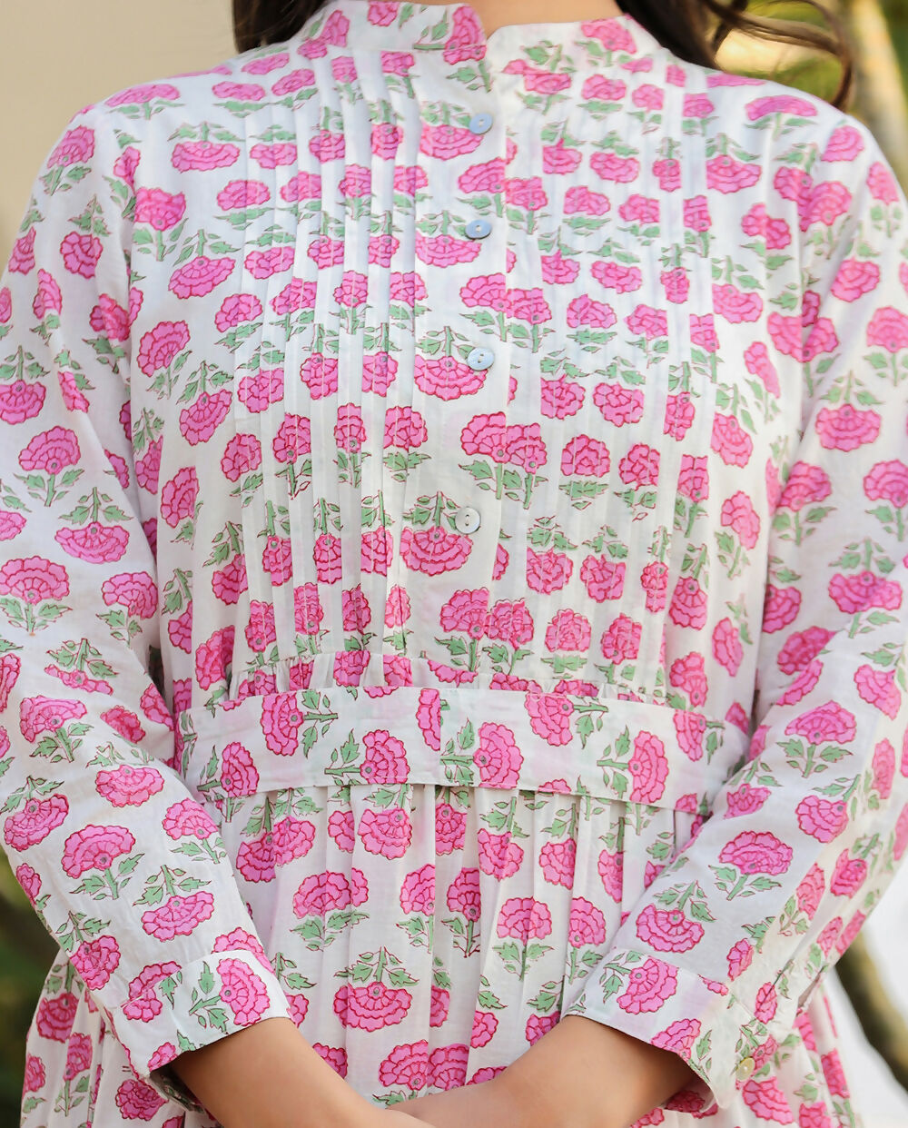 Kaajh Women's Pink Floral Print Cotton Handblock Dress